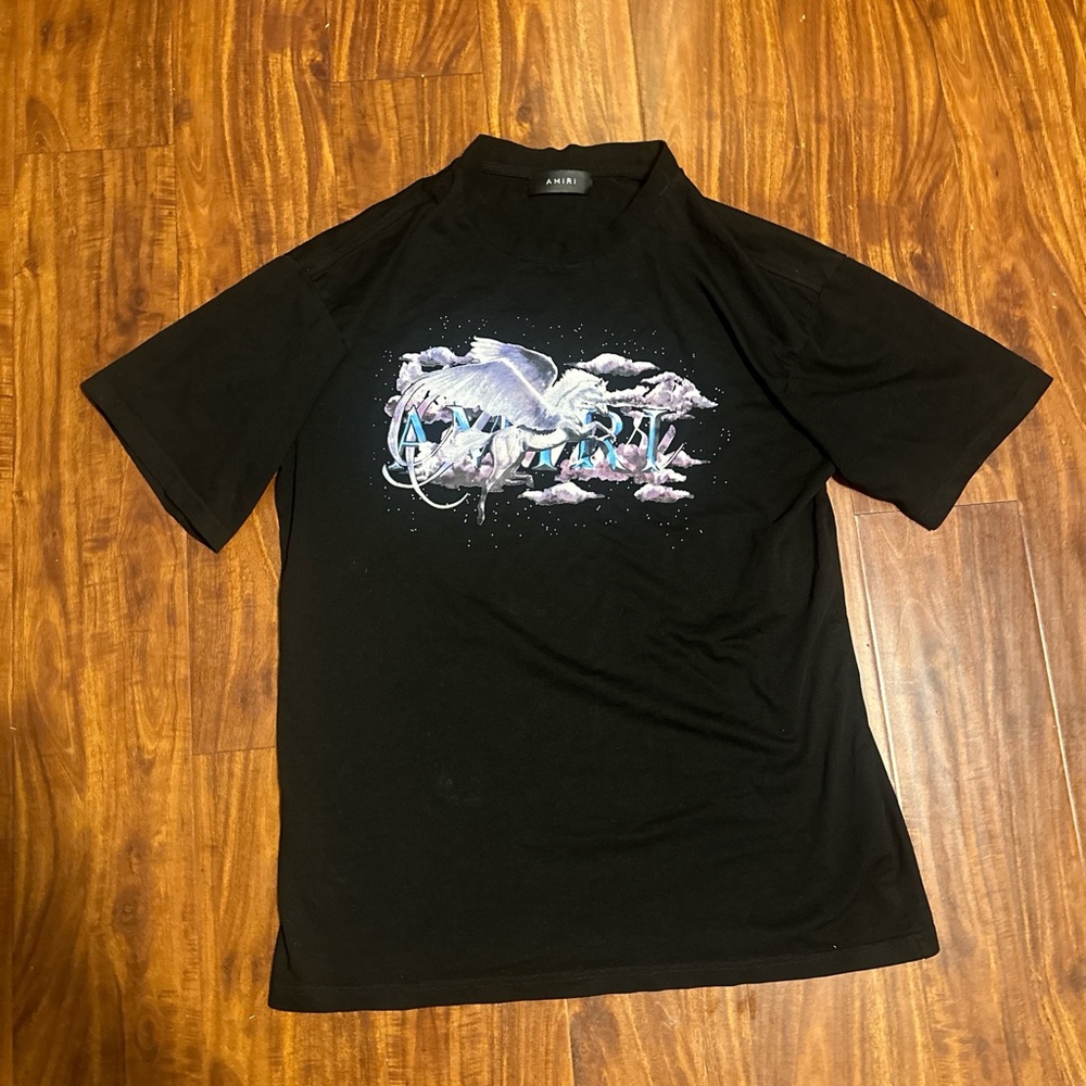 AMIRI Black Tee with White and Blue Graphic